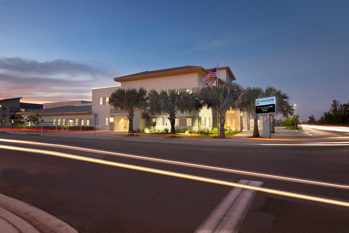 Architectural dusk view of Andrea Castillo K8 school.